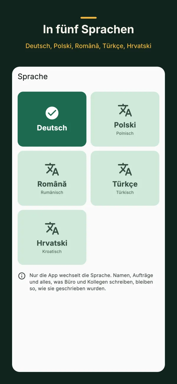 Sprachauswahl der App mit Deutsch, Polski, Română, Türkçe und Hrvatski als große Kacheln