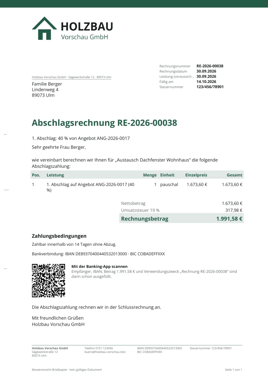 Muster einer Abschlagsrechnung über 40 Prozent des Angebots