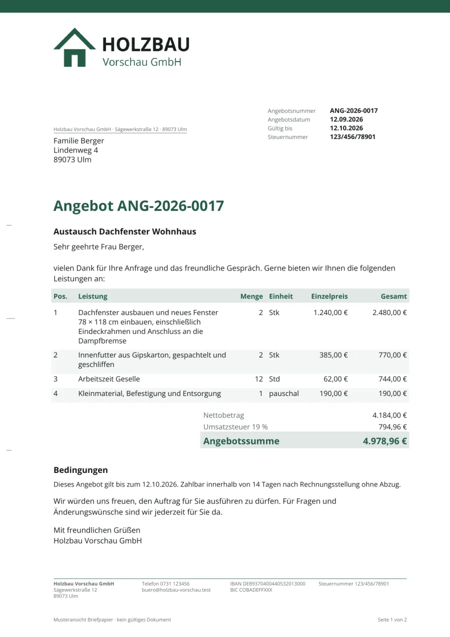 Musterangebot mit Logo, Anschrift im Fensterfeld, Positionen und Angebotssumme
