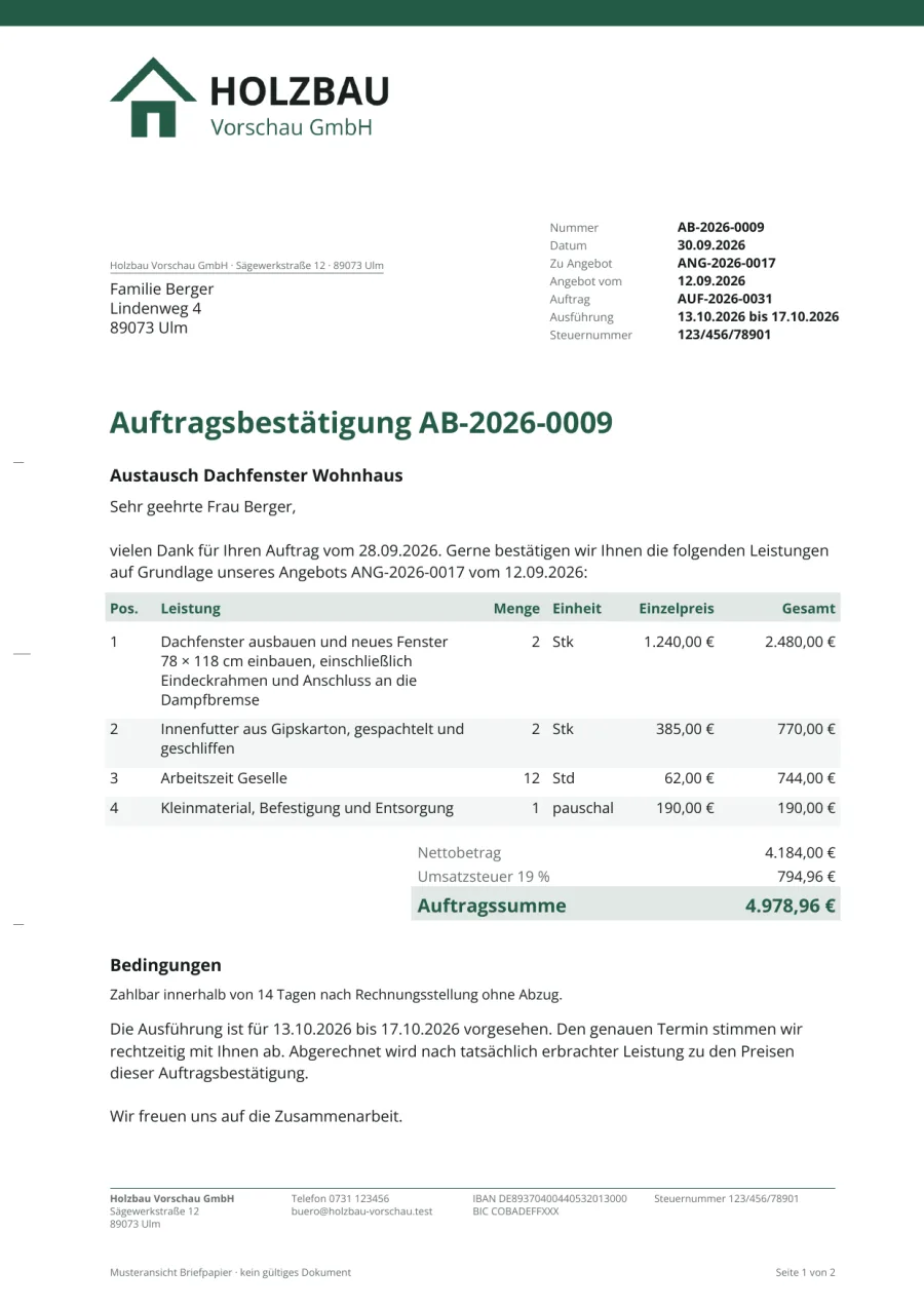 Muster einer Auftragsbestätigung mit Bezug auf das Angebot und Ausführungszeitraum