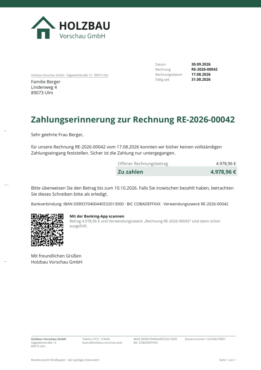 Muster einer Zahlungserinnerung mit GiroCode zum Überweisen
