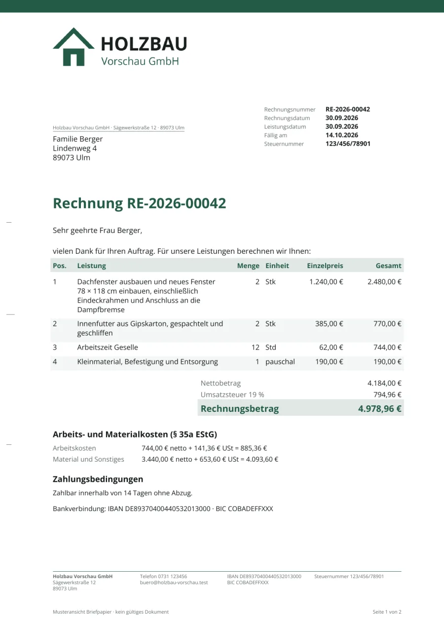 Musterrechnung an einen Privatkunden mit Ausweis der Arbeitskosten