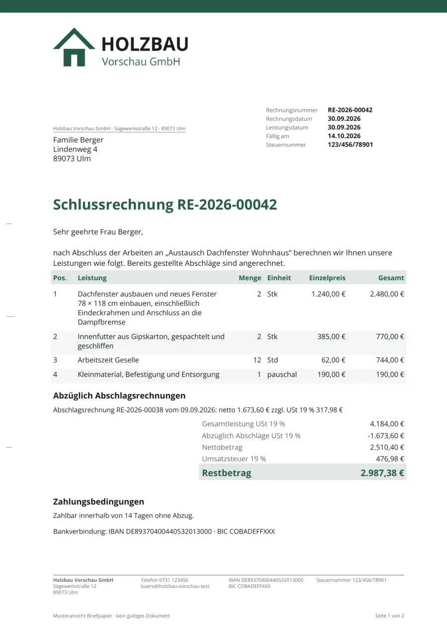Muster einer Schlussrechnung mit abgezogener Abschlagsrechnung