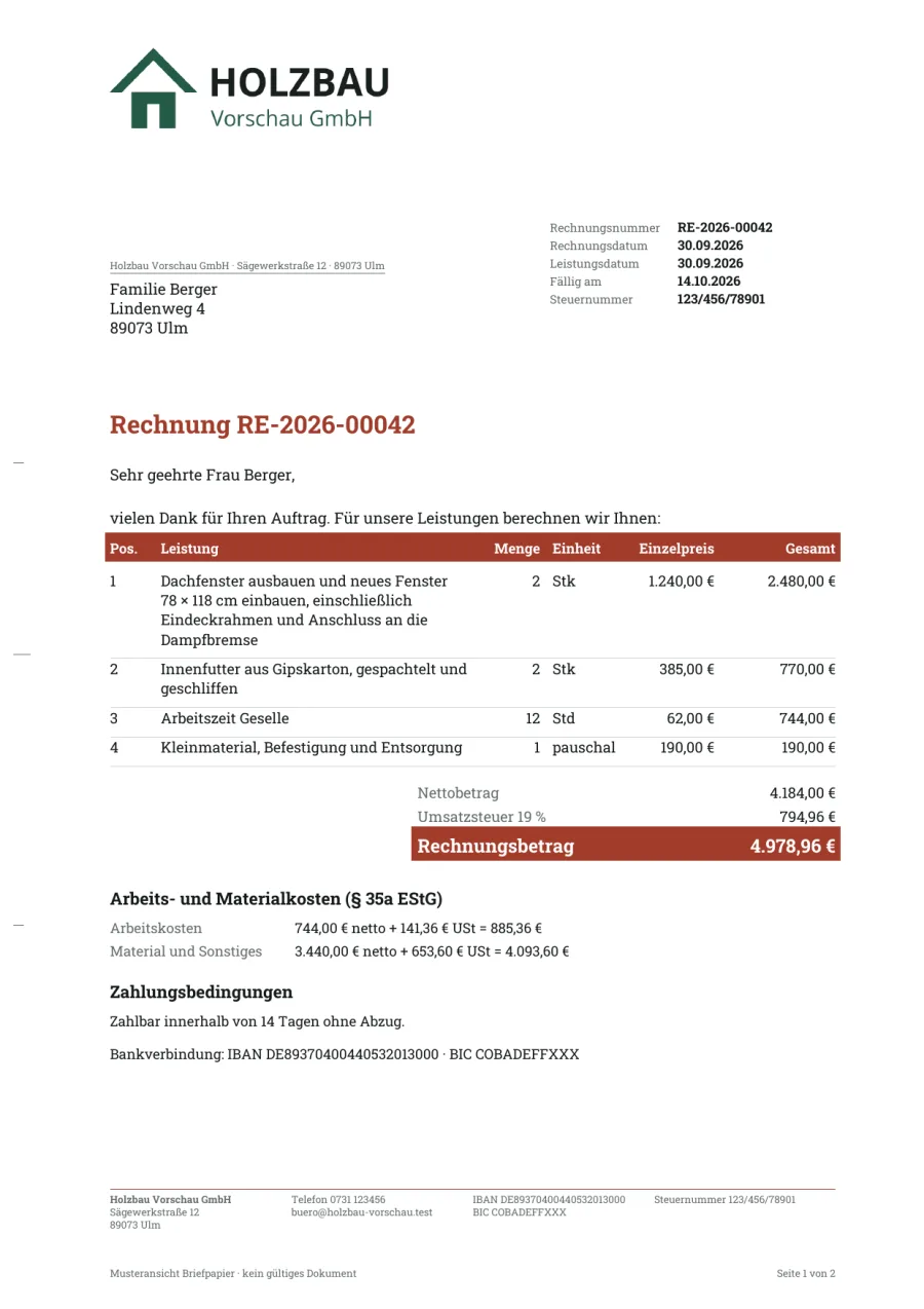 Rechnung in der Vorlage Handwerk mit ziegelroter Firmenfarbe