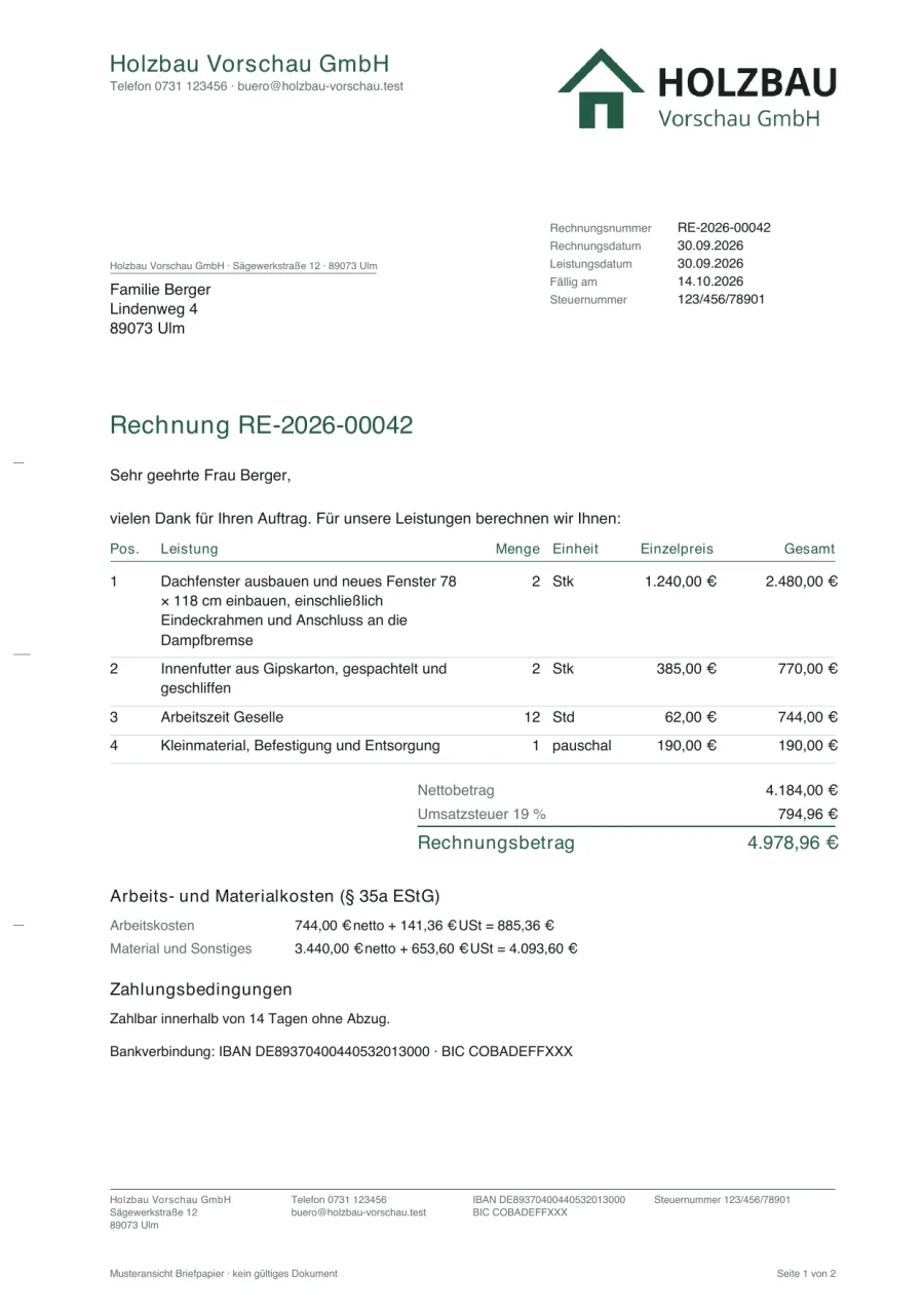 Rechnung in der Vorlage Klassisch mit grüner Firmenfarbe