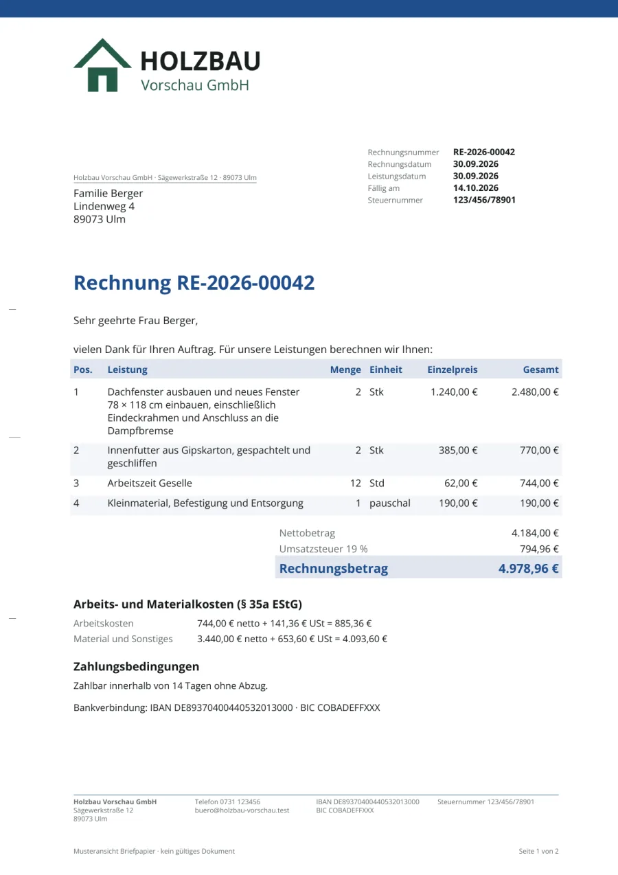 Rechnung in der Vorlage Modern mit blauer Firmenfarbe